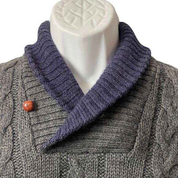 VINTAGE 90s GANT Charcoal Worsted Wool Shawl Collar Cable Knit Sweater Size L - Picture 2 of 5